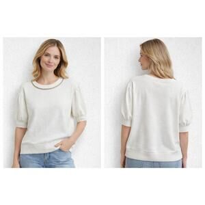 Halston Women’s White Rhinestone Trim Puff Sleeve Top Size L Knit Blouse Elegant